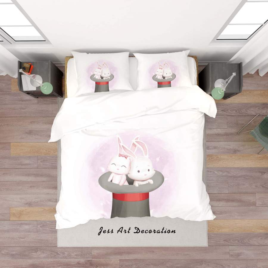 3D White Bowler Hat Rabbit Quilt Cover Set Bedding Set Duvet Cover Pillowcases SF61