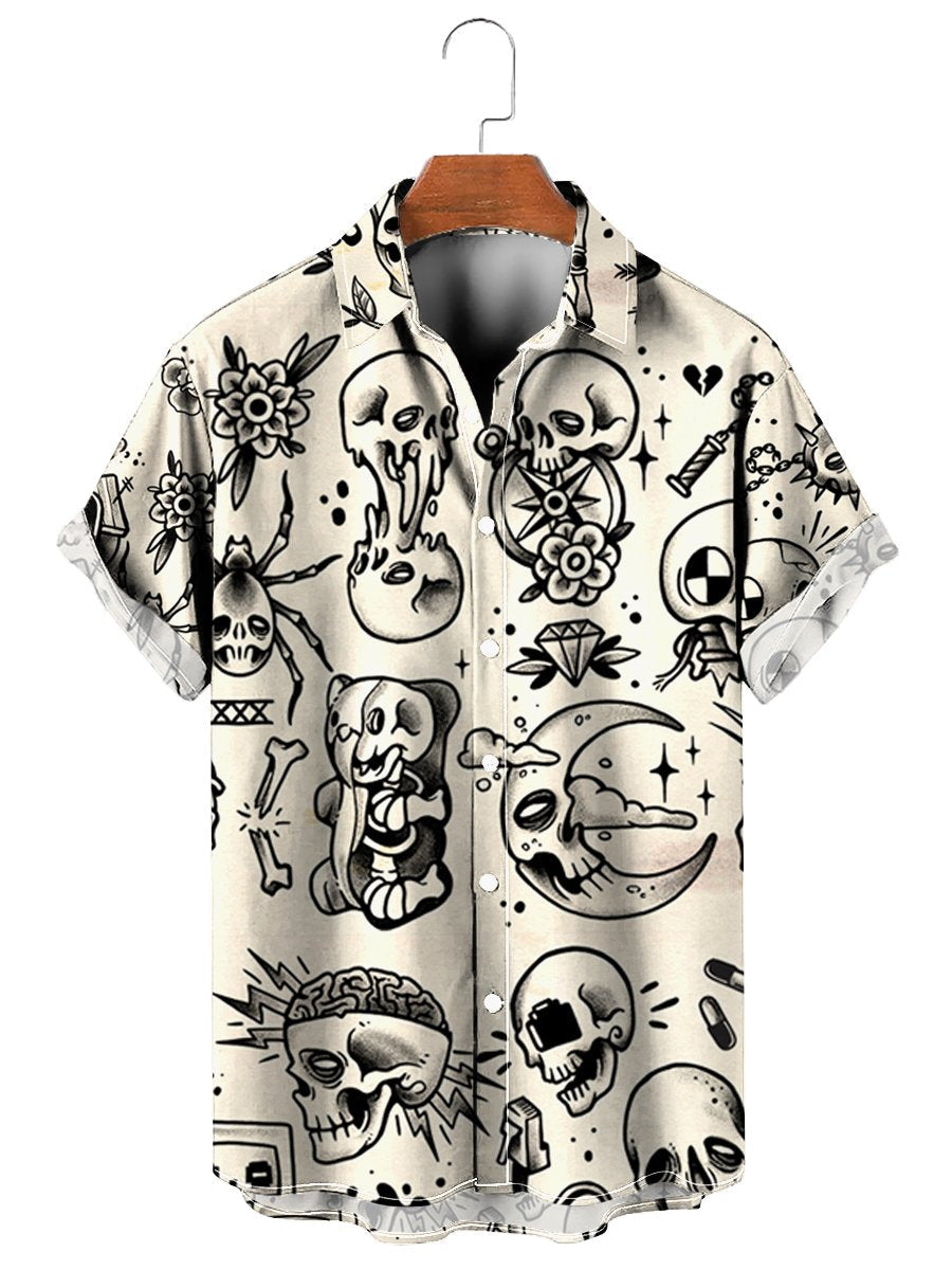 Vintage Skull Print Short Sleeve Hawaiian Shirt