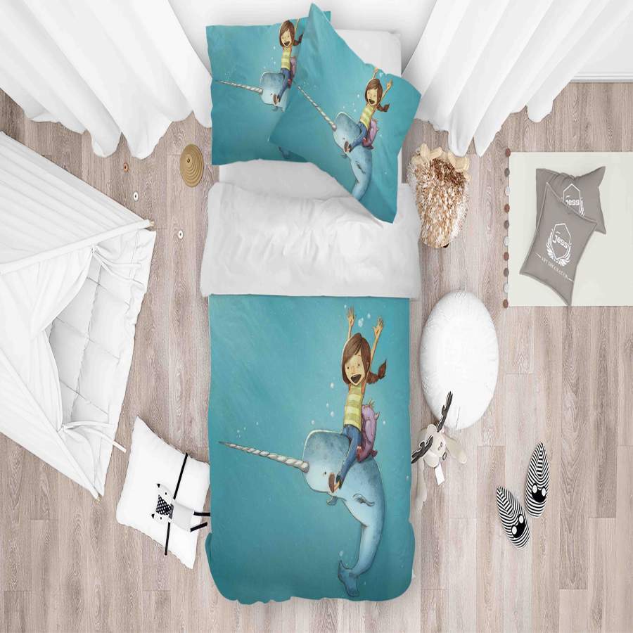 3D Blue Cartoon Whale Girl Quilt Cover Set Bedding Set Duvet Cover Pillowcases SF047