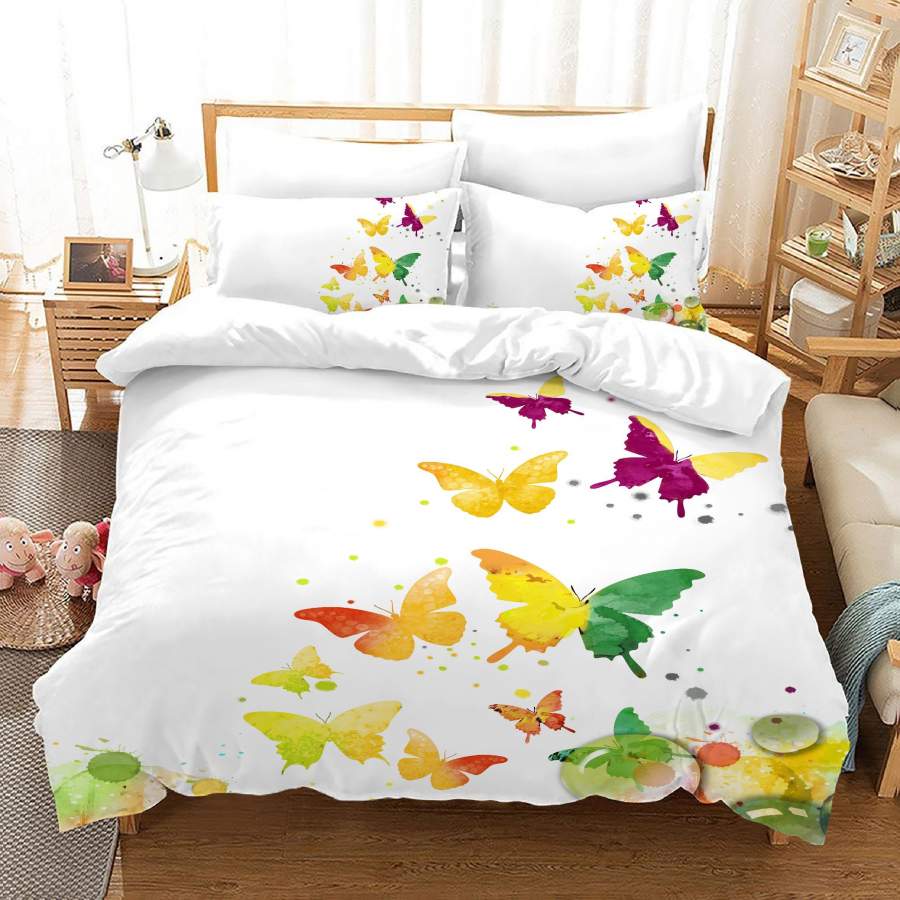 3D Watercolor Colorful Butterfly Quilt Cover Set Bedding Set Duvet Cover Pillowcases JN 1114