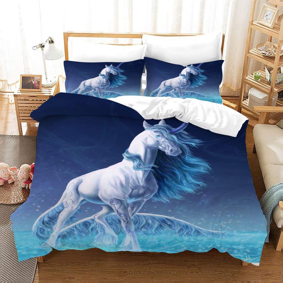 3D Blue Dreamlike Unicorn Quilt Cover Set Bedding Set Duvet Cover Pillowcases JN1004