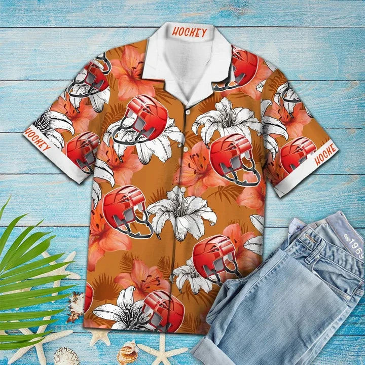 Vivid Flower And Hockey Helmet Hawaiian Shirt