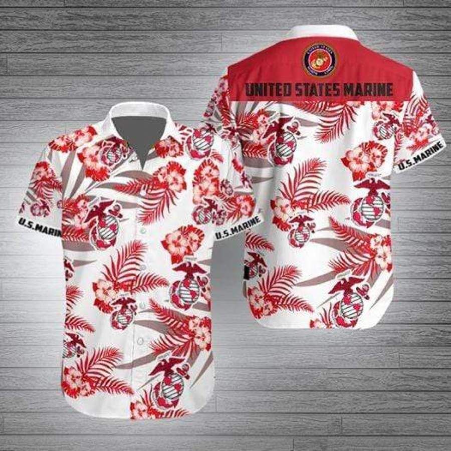 Us Marine Red Hibiscus Hawaiian Aloha Shirts