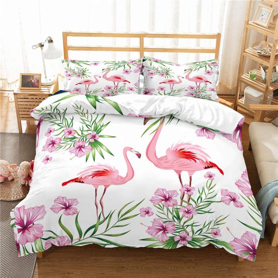 3D Flamingo Pink Flowers Quilt Cover Set Bedding Set Pillowcases 35