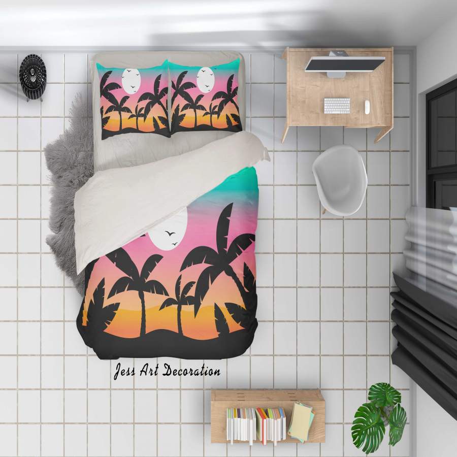 3D Cartoon Coconut Tree Sunset Quilt Cover Set Bedding Set Duvet Cover Pillowcases A055 LQH