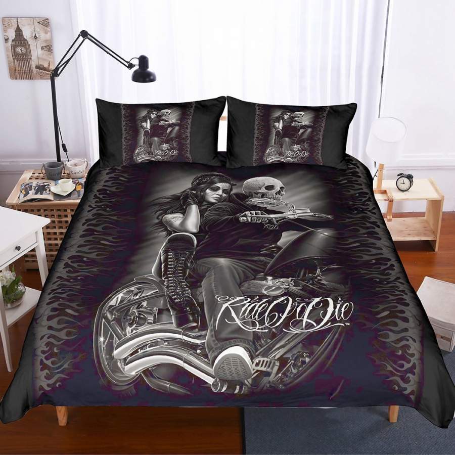 3D Skeleton Beauty Motorcycle Quilt Cover Set Bedding Set Pillowcases 48