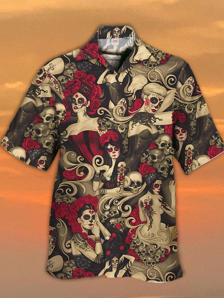 Vintage Day Of The Dead Pinups Sugar Skull Hawaiian Shirt