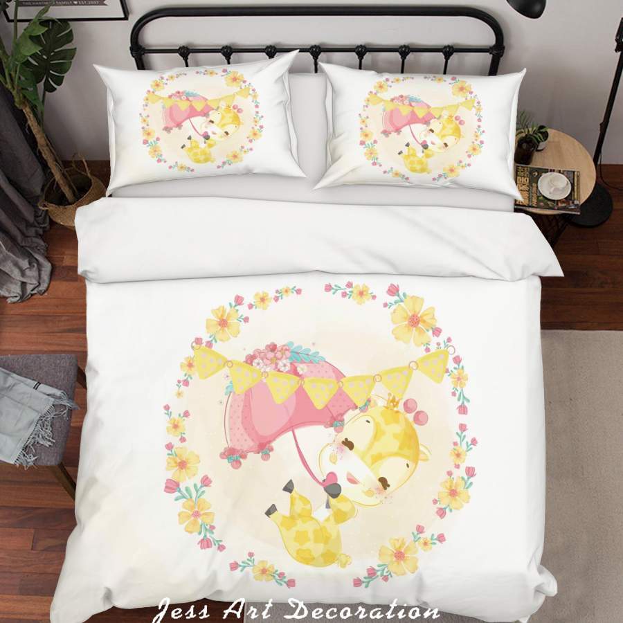 3D Cartoon Giraffe Umbrella Floral Quilt Cover Set Bedding Set Duvet Cover Pillowcases SF80