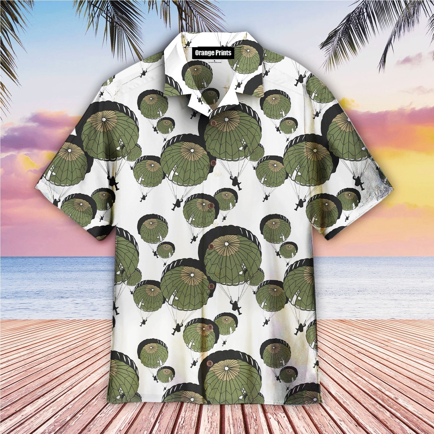 Umbrella Army Parachute Veteran White And Green Aloha Hawaiian Shirts