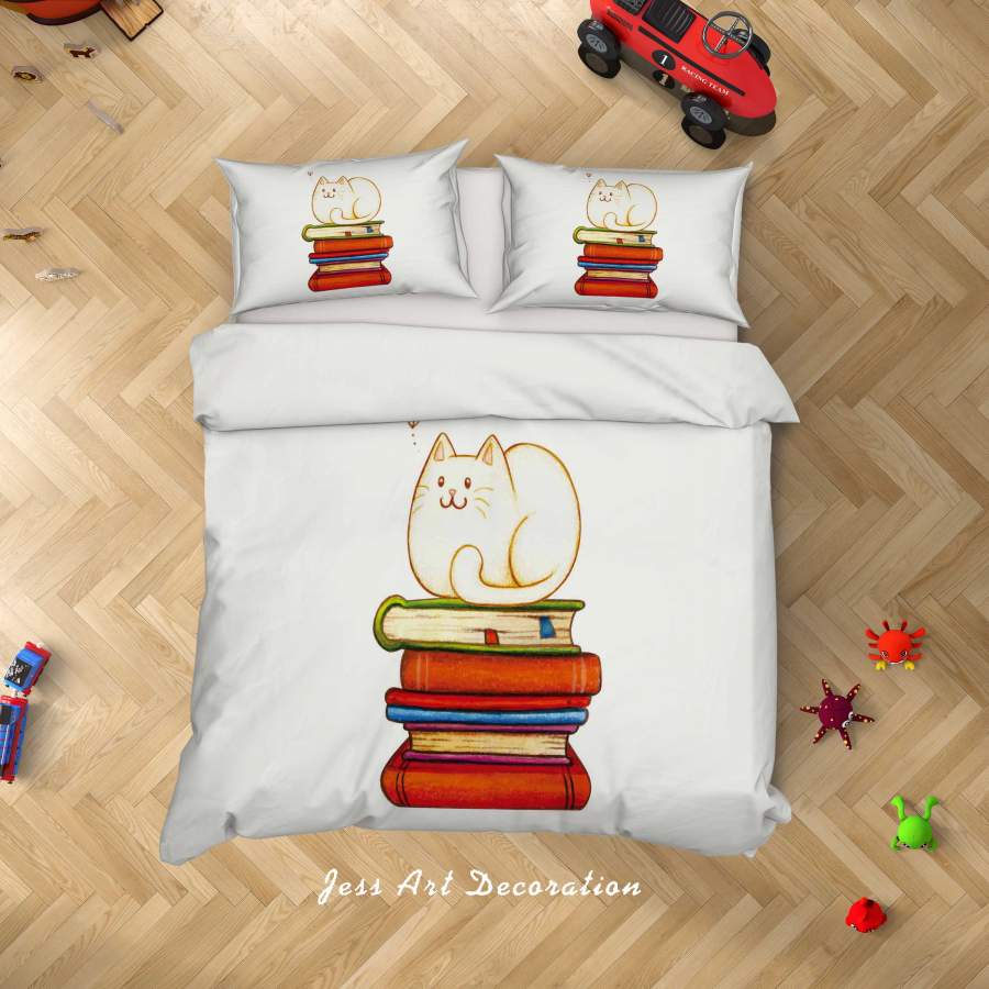 3D White Cat Books Quilt Cover Set Bedding Set Duvet Cover Pillowcases SF29