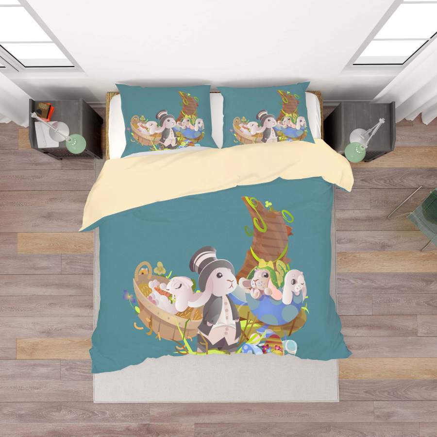 3D Dark Green Eggs Rabbit Basket Moon Quilt Cover Set Bedding Set Duvet Cover Pillowcases SF39