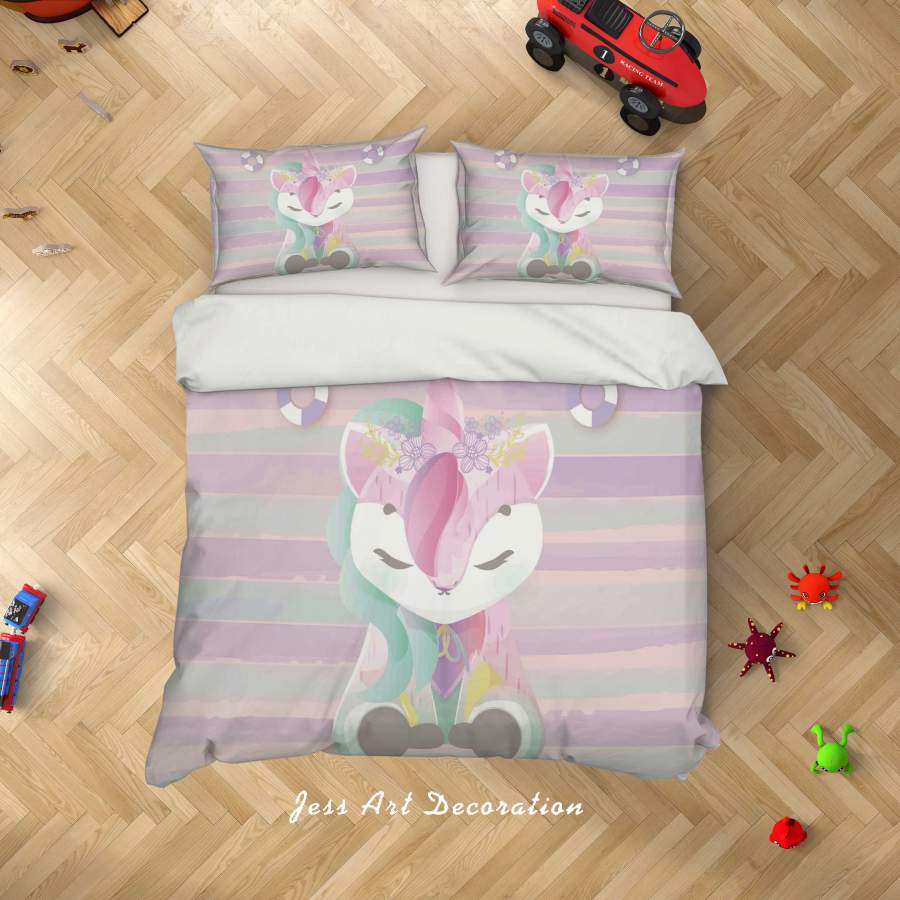 3D Purple Cartoon Unicorn Stripes Quilt Cover Set Bedding Set Duvet Cover Pillowcases SF76