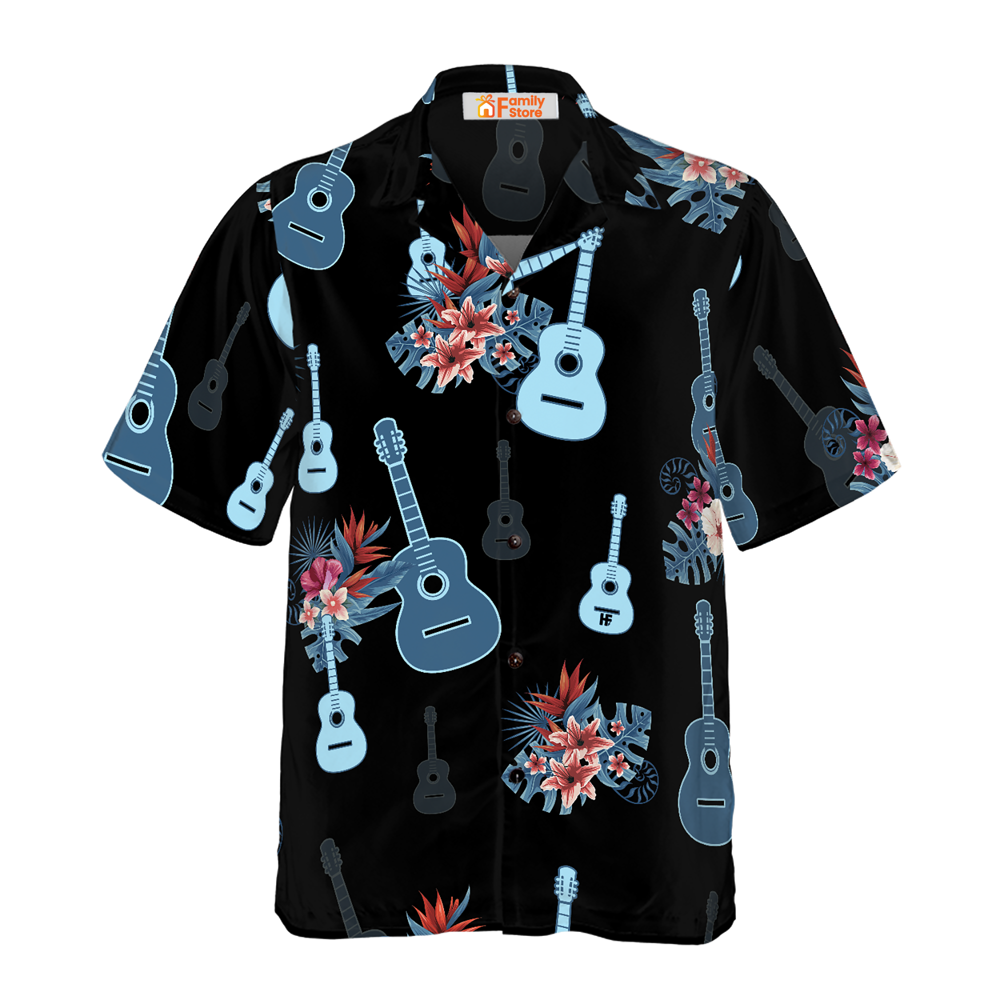 Tropical Guitar & Leaves Hawaiian Shirt