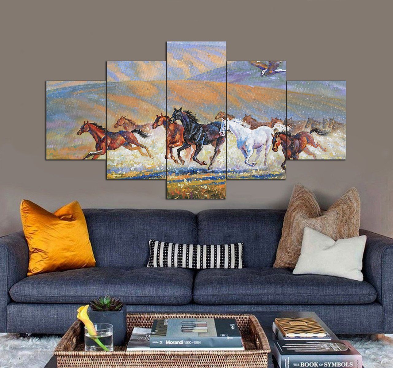 A Large Eagle Above The Herd Of Horses 3D 5 Piece Canvas Art