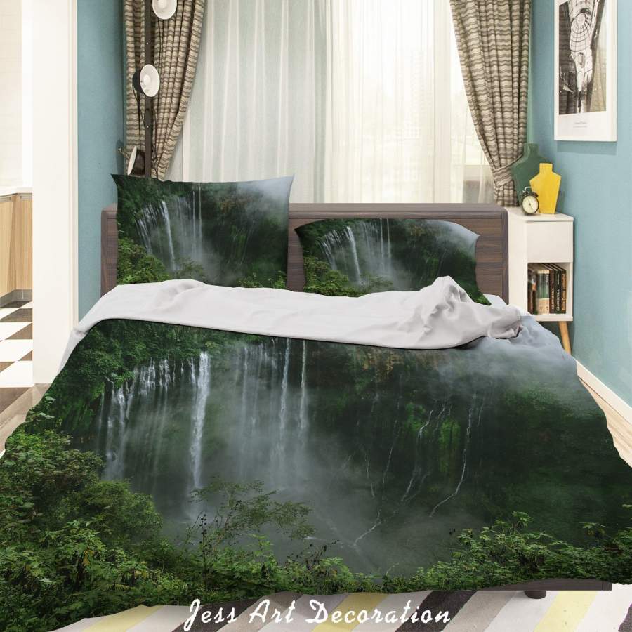 3D Green Forest Waterfall Landscape Quilt Cover Set Bedding Set Duvet Cover Pillowcases 084 LQH