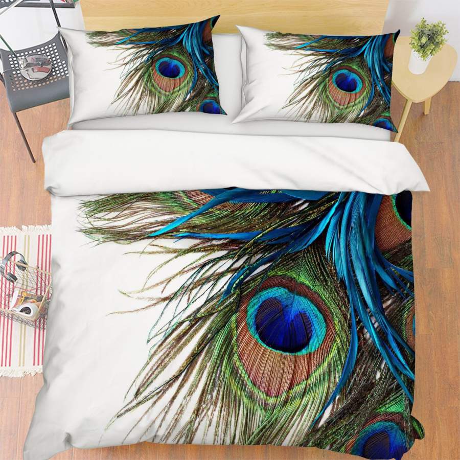 3D White Green Blue Peacock Feather Quilt Cover Set Bedding Set Pillowcases 13