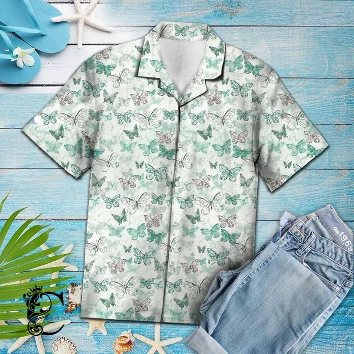 Vintage Green Butterflies Tropical Hawaiian Shirt 131