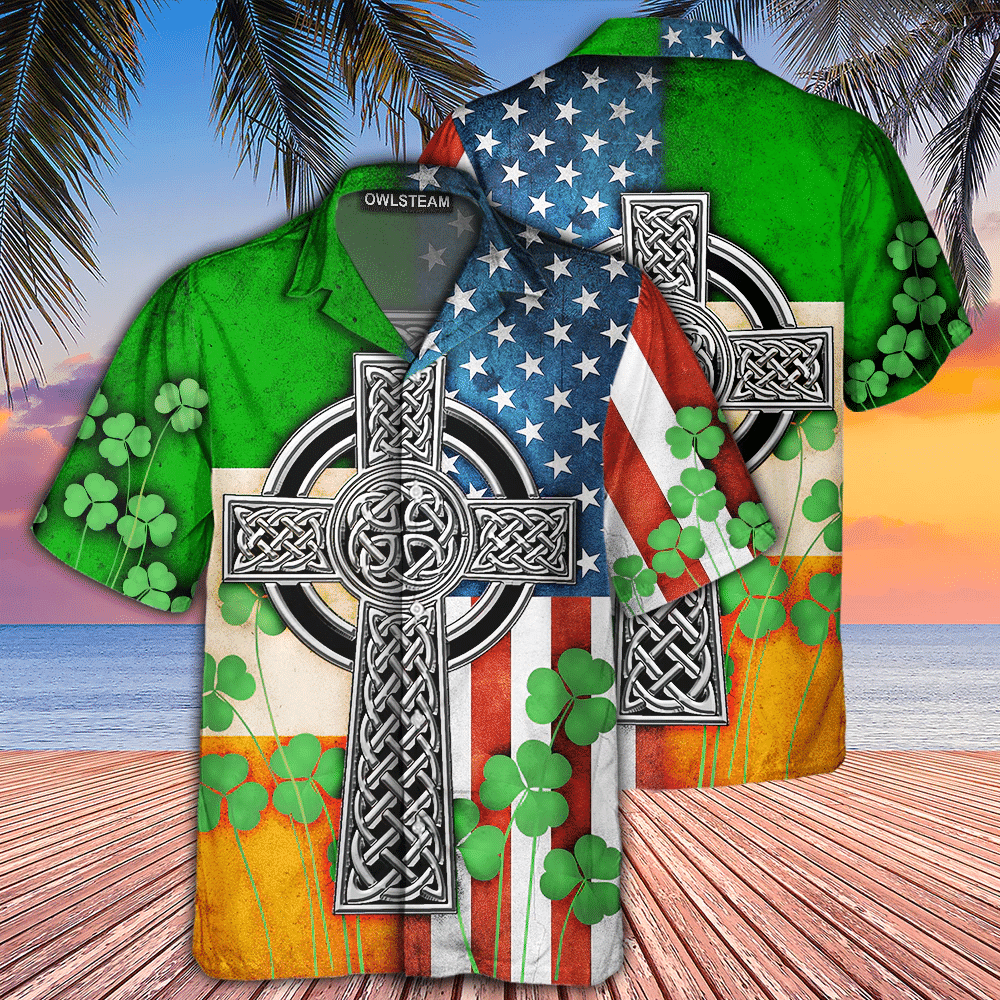 Us Flag Celtic Cross Irish Saint Patricks Day Hawaii Shirt Beach Short