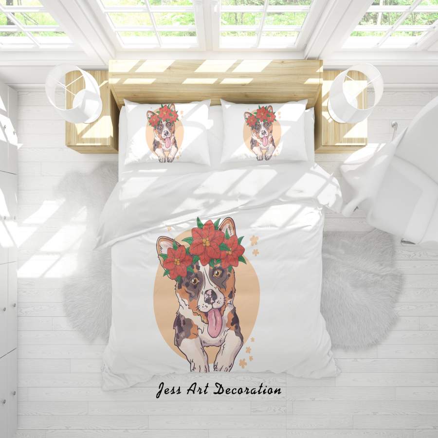 3D White Dog Floral Quilt Cover Set Bedding Set Duvet Cover Pillowcases SF123