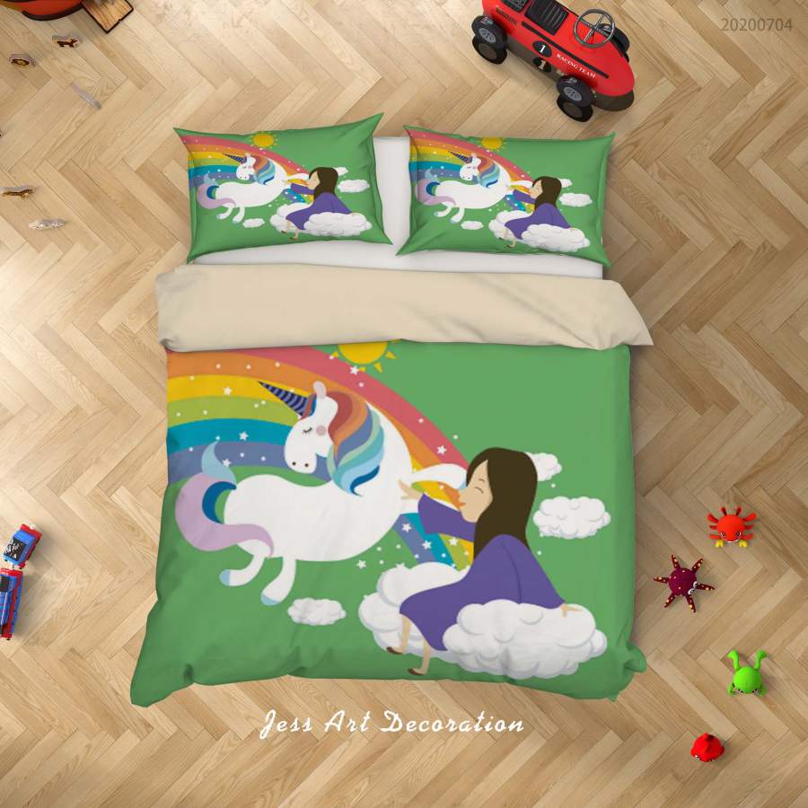 3D Green Unicorn Girl Rainbow Quilt Cover Set Bedding Set Duvet Cover Pillowcases SF07