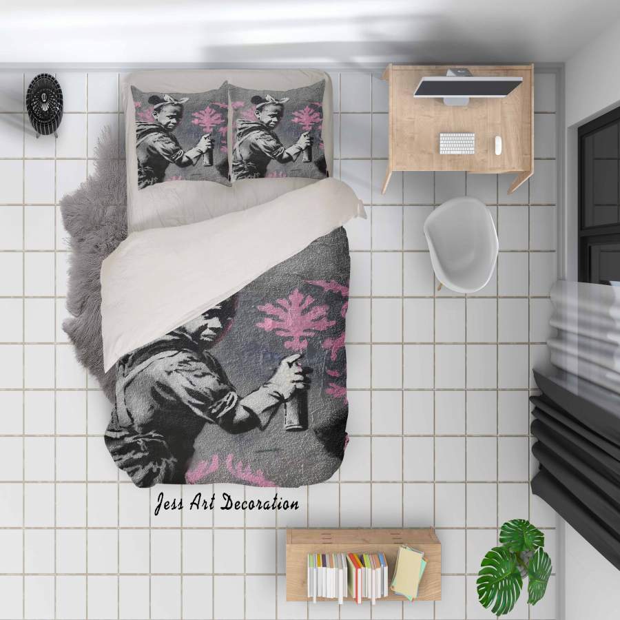 3D Banksy Mural Girl Pink Pattern Quilt Cover Set Bedding Set Duvet Cover Pillowcases  ZY D87