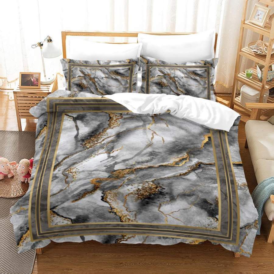 3D Grey Gold Foil Marble Quilt Cover Set Bedding Set Duvet Cover Pillowcases A420 LQH