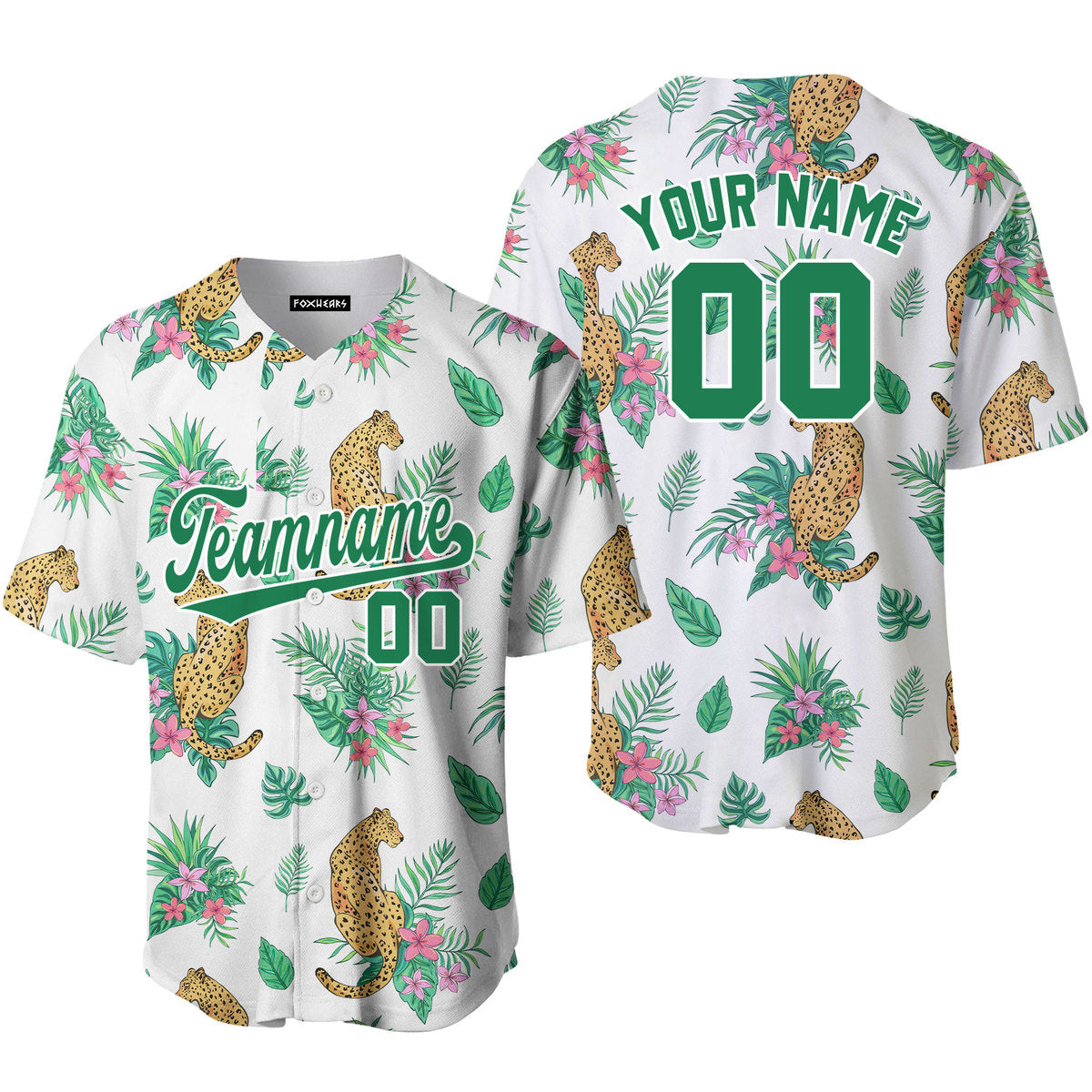 Personalized Leopard Tropical Pattern Green White Baseball Tee Jersey