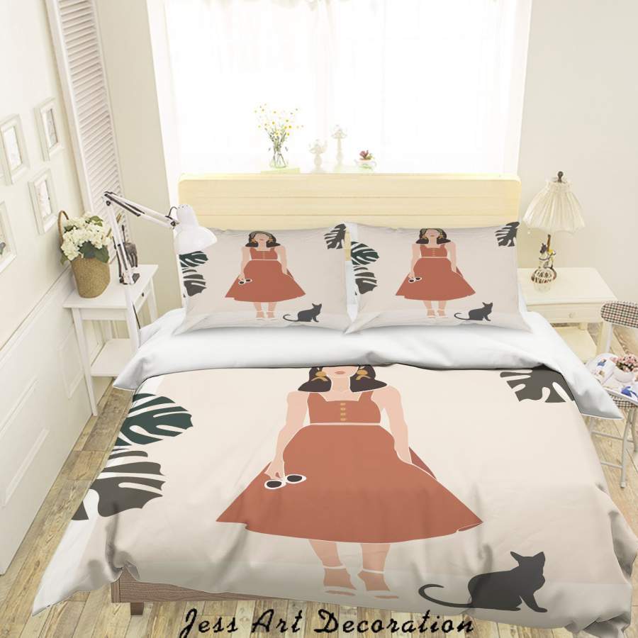 3D Beaauty Female Leaves Cat Quilt Cover Set Bedding Set Duvet Cover Pillowcases SF08