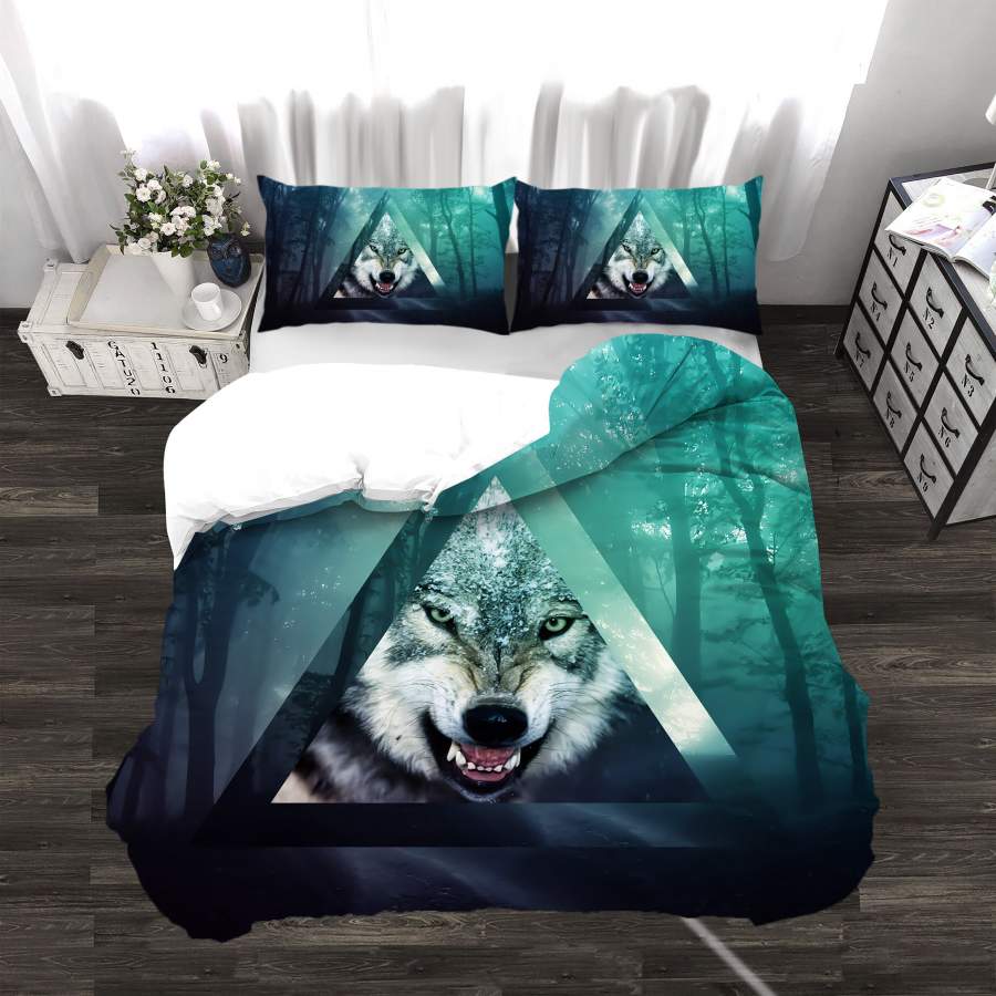 3D Green Forest Wolf Triangle Quilt Cover Set Bedding Set Duvet Cover Pillowcases SF03