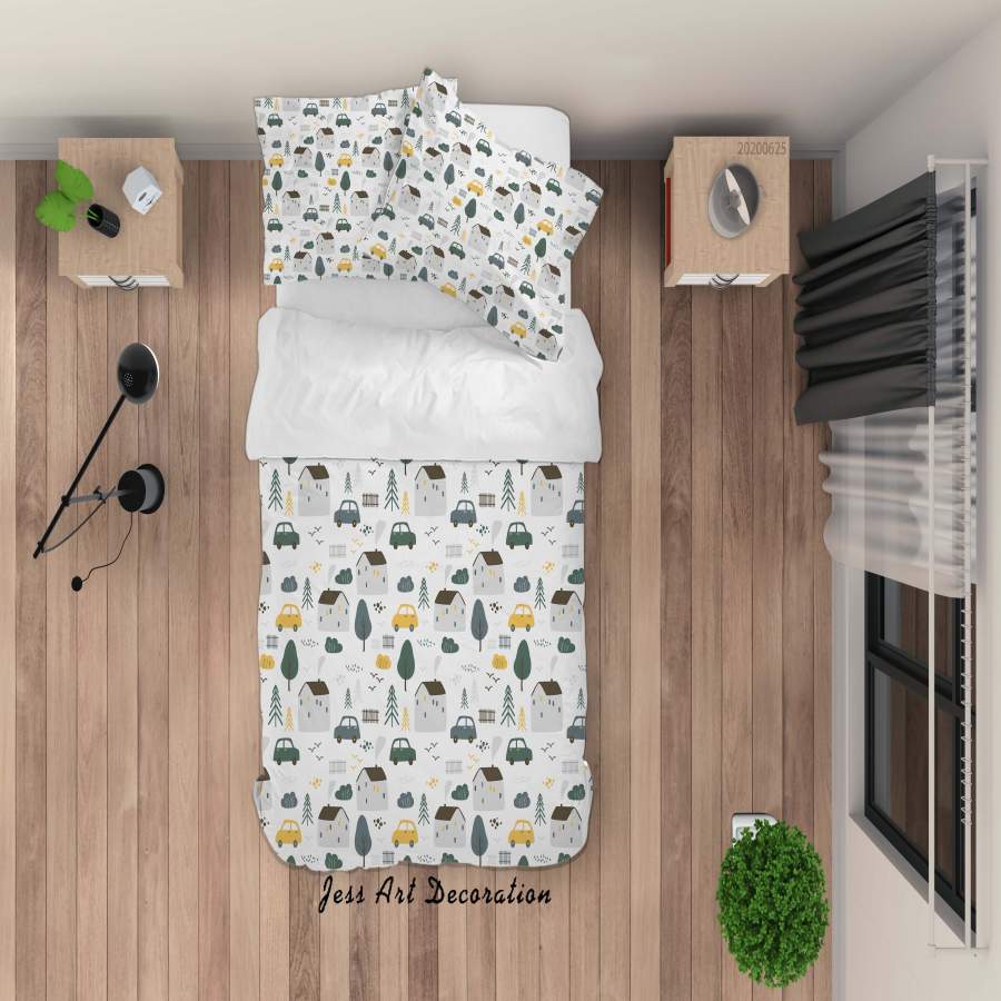 3D White Cartoon House Car Trees Quilt Cover Set Bedding Set Duvet Cover Pillowcases SF37