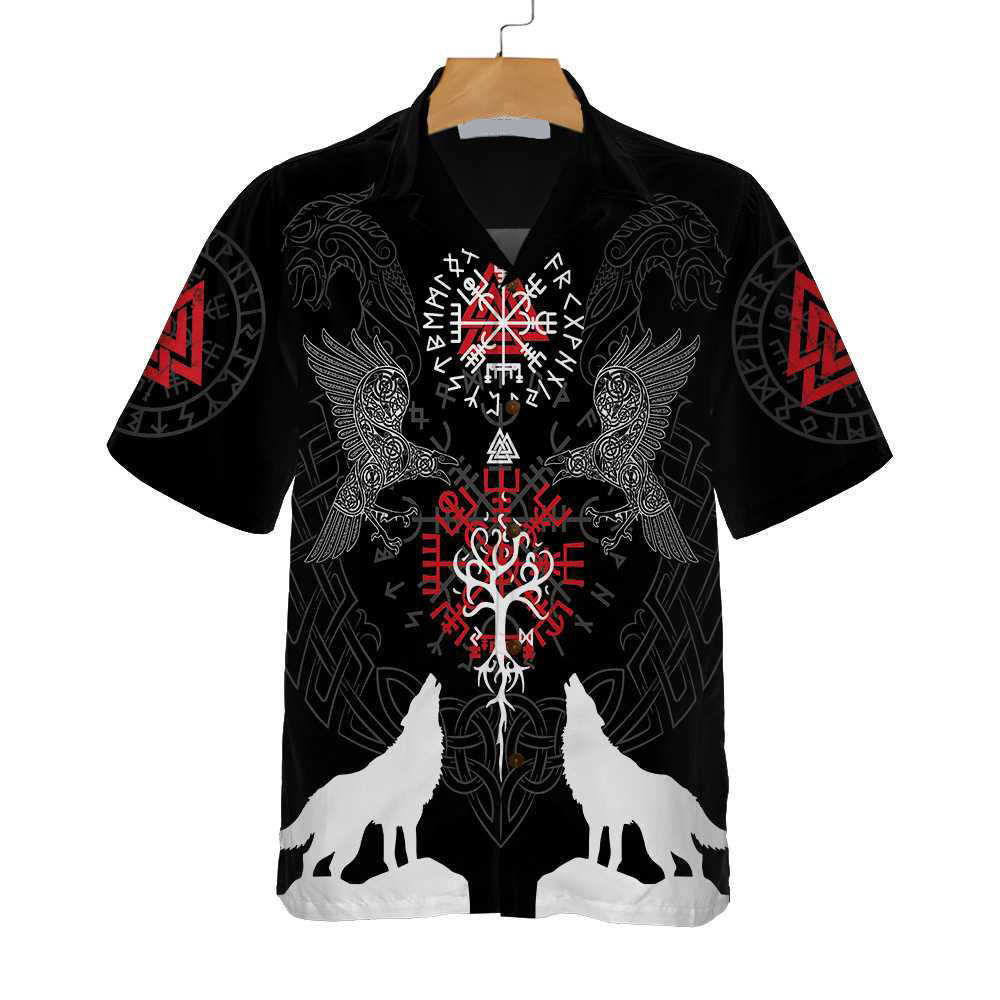 Viking Raven And Wolf Viking Hawaiian Shirt, Wolf Viking Shirt Short Sleeve