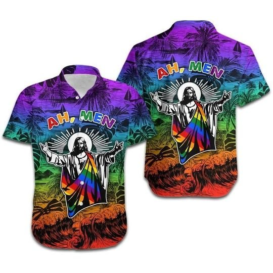 Ah Men Funny Jesus Lgbt Pride Aloha Hawaiian Shirt