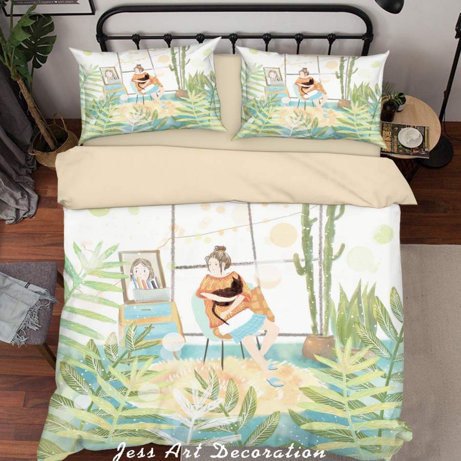 3D Girl Green Leaf Painting Quilt Cover Set Bedding Set Duvet Cover Pillowcases A523 LQH