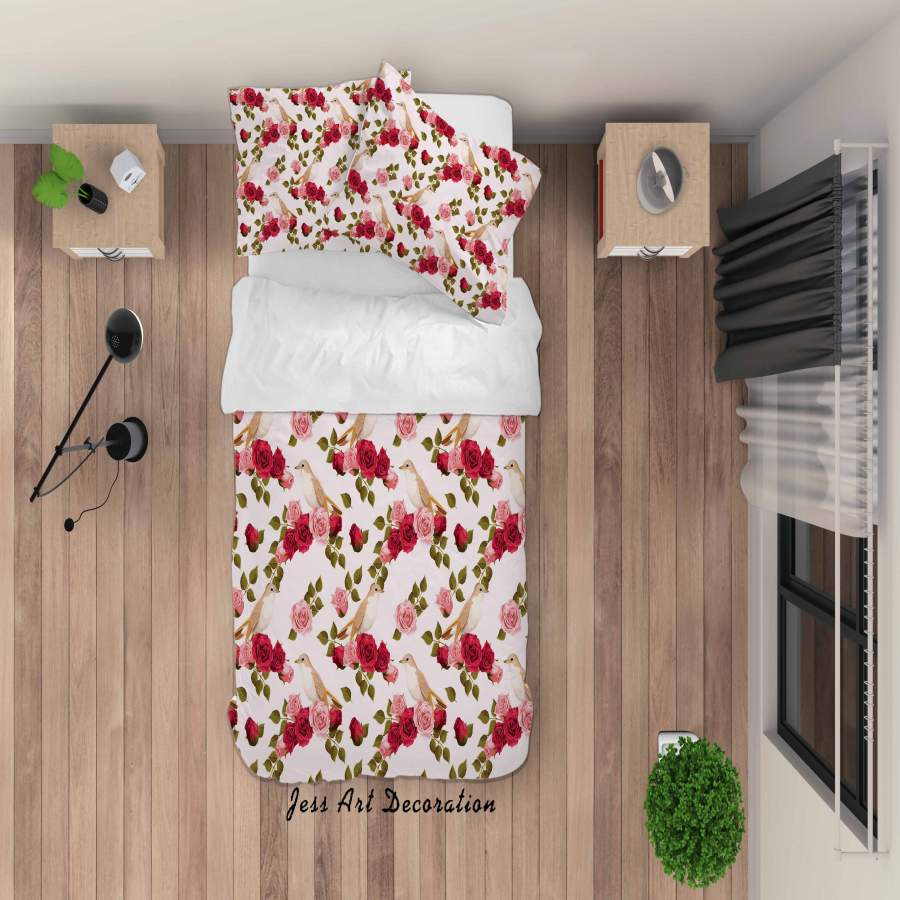 3D Red Pink Rose Flowers Birds Quilt Cover Set Bedding Set Duvet Cover Pillowcases SF16