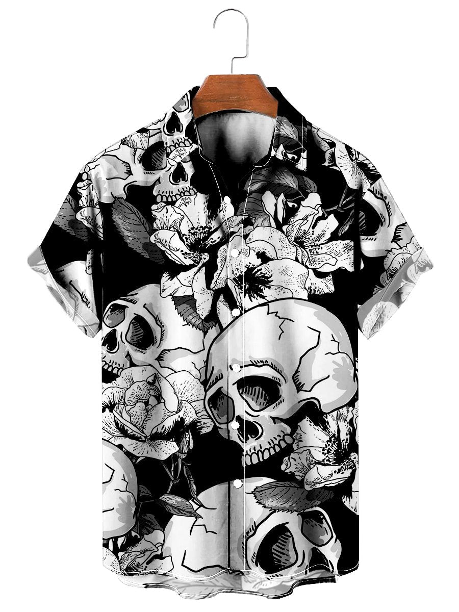 Vintage Hawaiian Shirts Black Skull Rose Easy Care Aloha Shirts