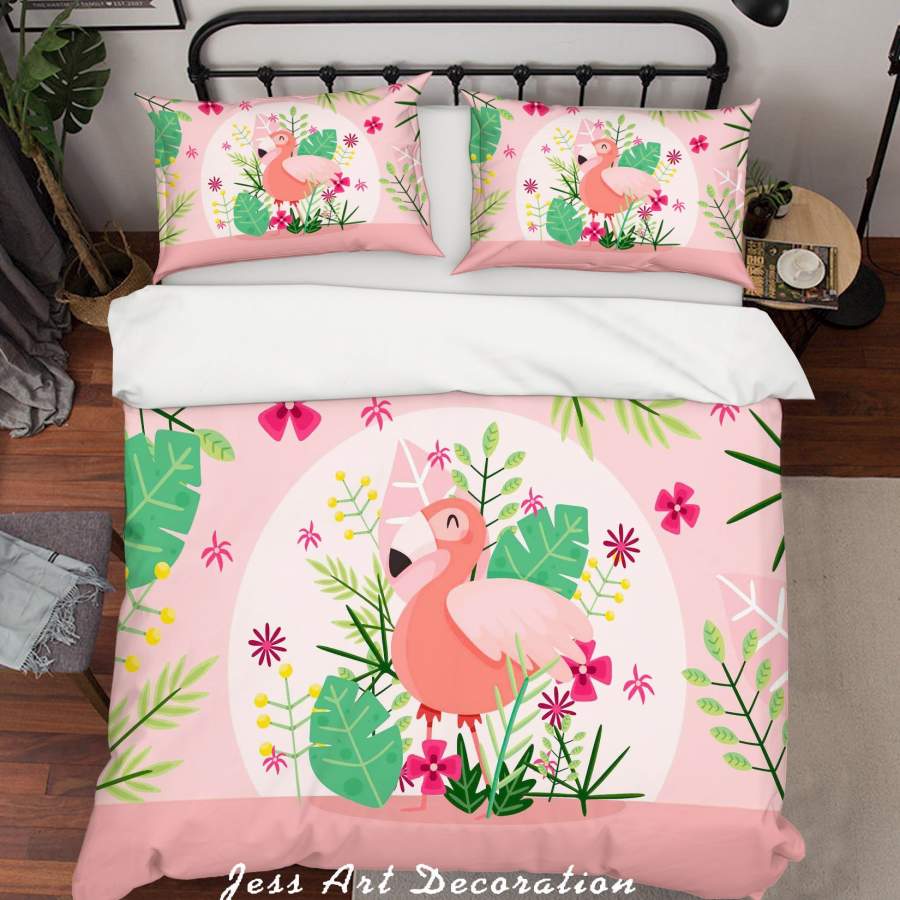 3D Pink Flamingo Floral Leaves Quilt Cover Set Bedding Set Duvet Cover Pillowcases SF09