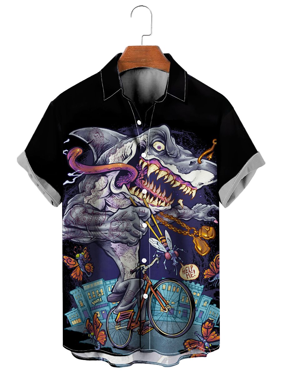 Tattooed Shark On Bike Hawaiian Shirt