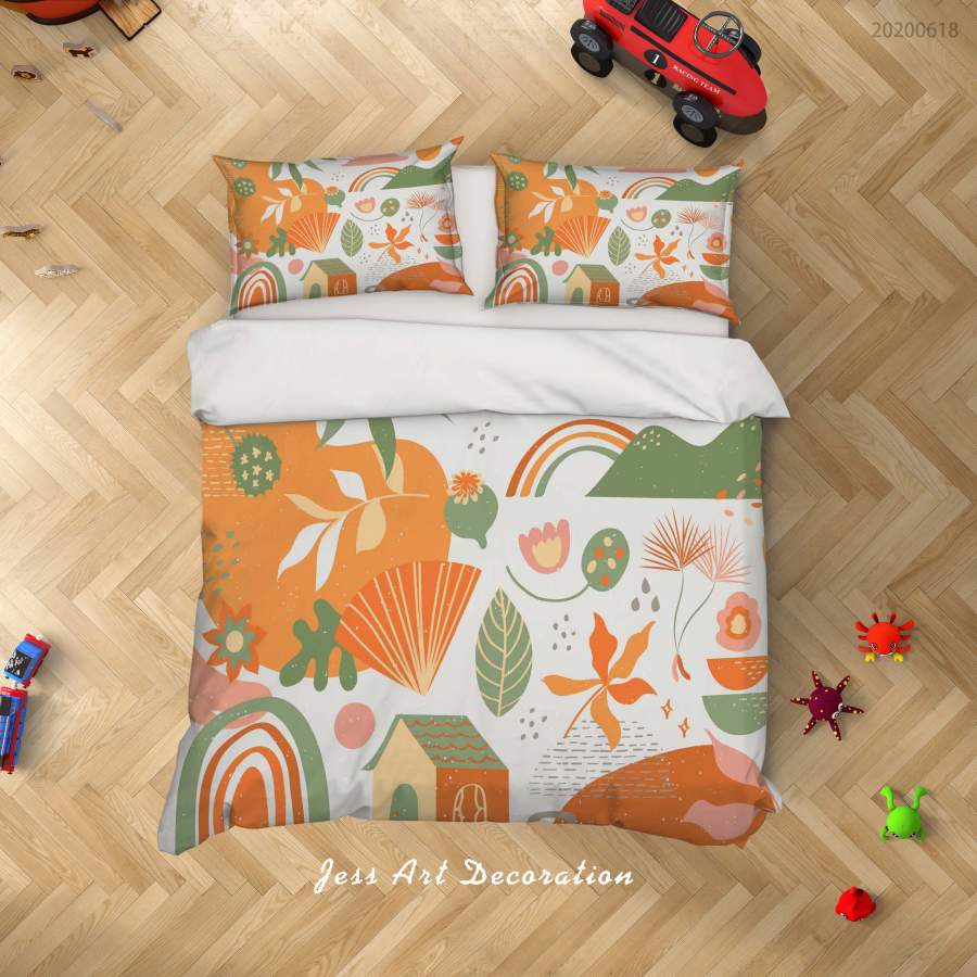 3D Orange Green Floral Leaves House Quilt Cover Set Bedding Set Duvet Cover Pillowcases SF50