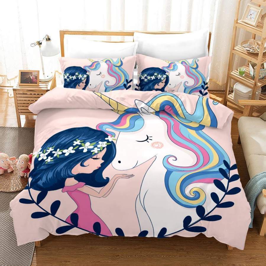 3D Cartoon Girl Unicorn Quilt Cover Set Bedding Set Pillowcases 112