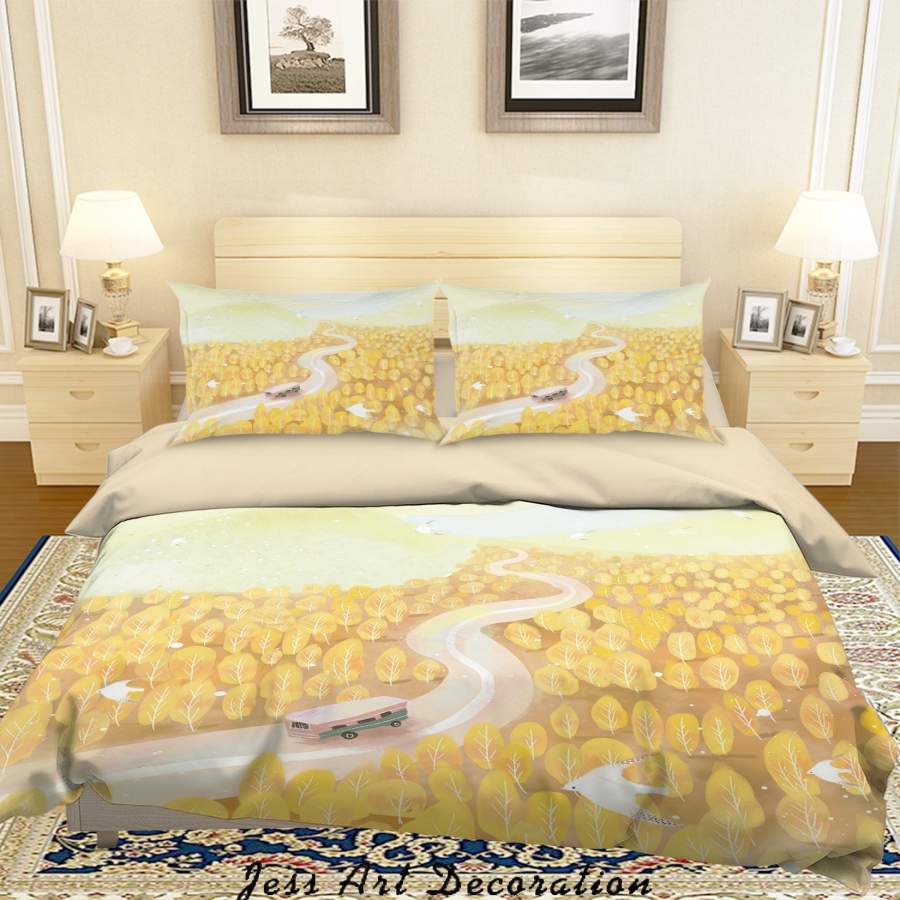 3D Yellow Forest Road Car Painting Quilt Cover Set Bedding Set Duvet Cover Pillowcases A476 LQH