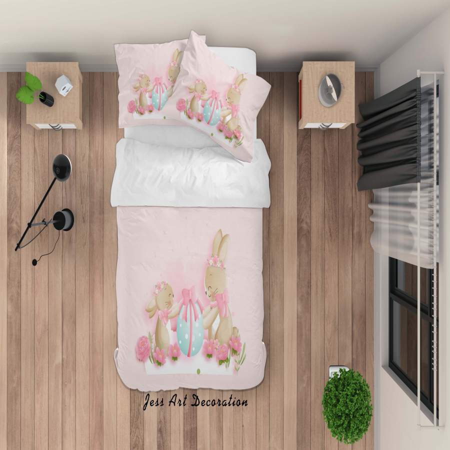 3D Pink Rabbit Floral Egg Quilt Cover Set Bedding Set Duvet Cover Pillowcases SF82