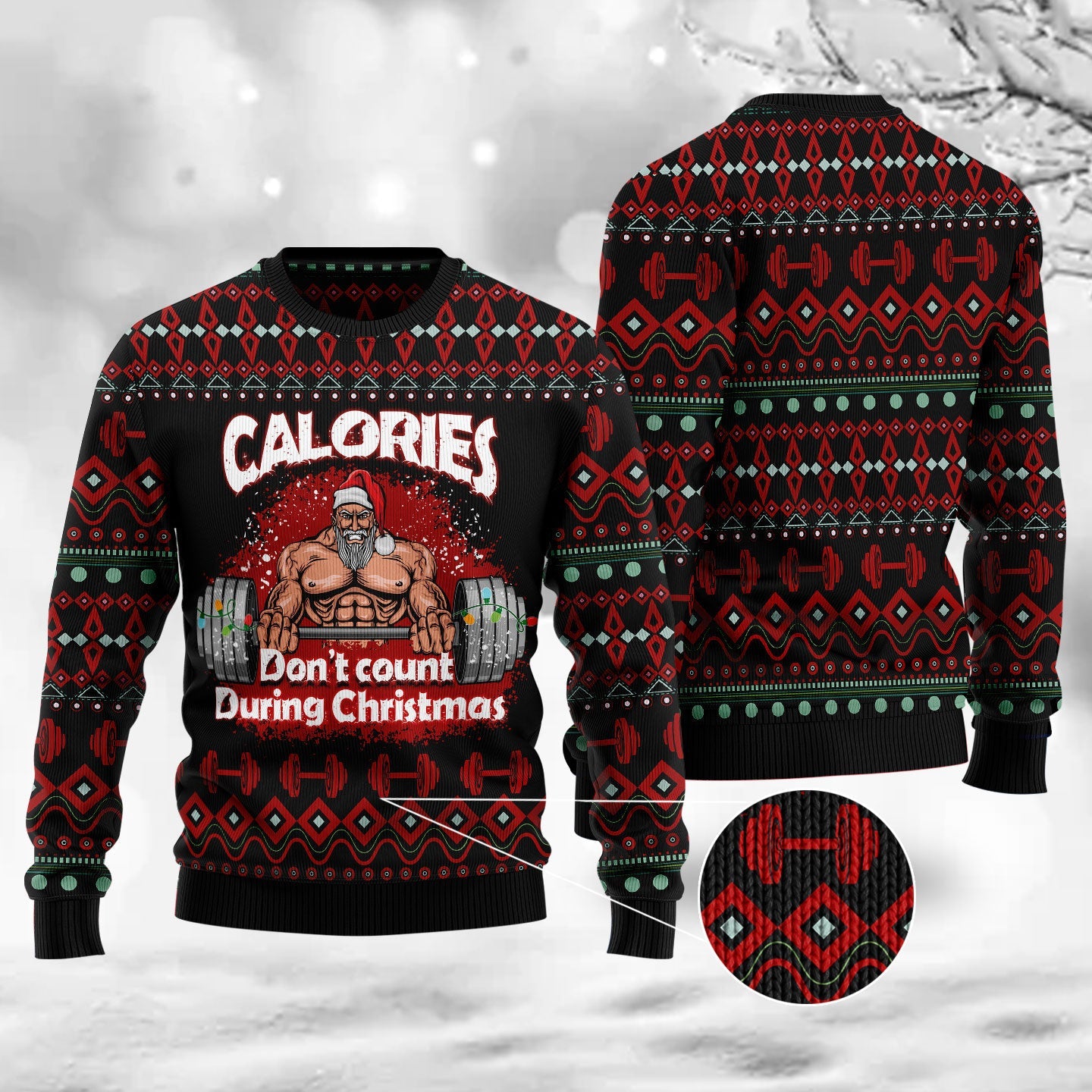 Santa Gymer Calories Funny Blue Ugly Sweater