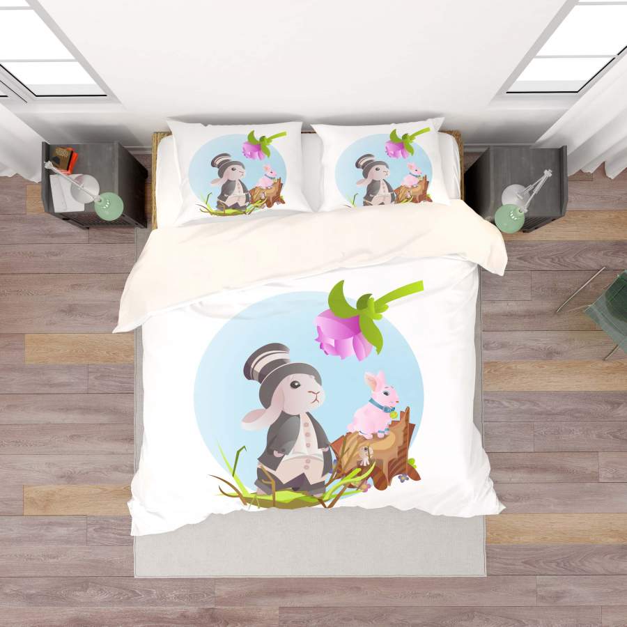 3D White Cartoon Rabbit Floral Quilt Cover Set Bedding Set Duvet Cover Pillowcases SF35