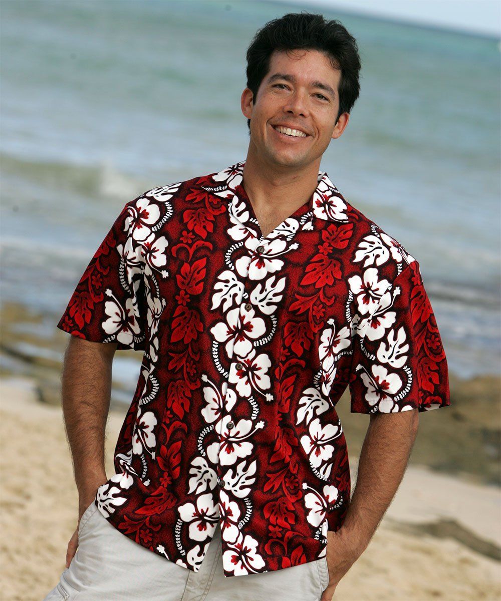 White Hibiscus Panel Red Hawaiian Shirt