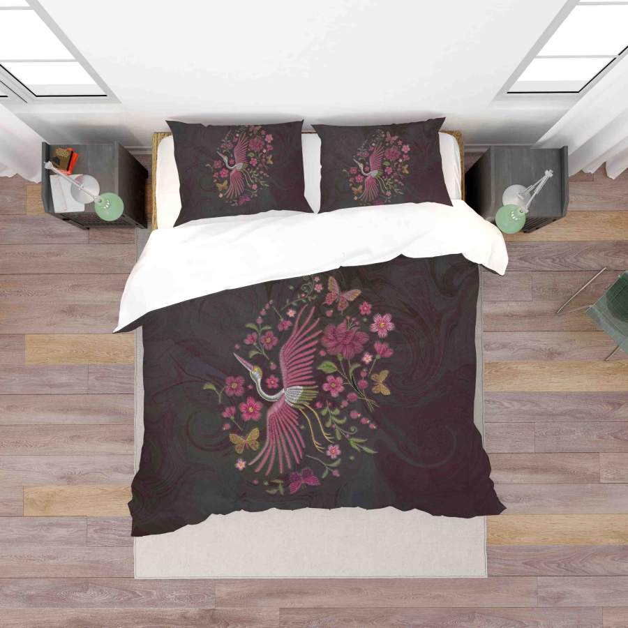 3D Black Pink Embroidery Crane Butterfly Floral Quilt Cover Set Bedding Set Duvet Cover Pillowcases SF