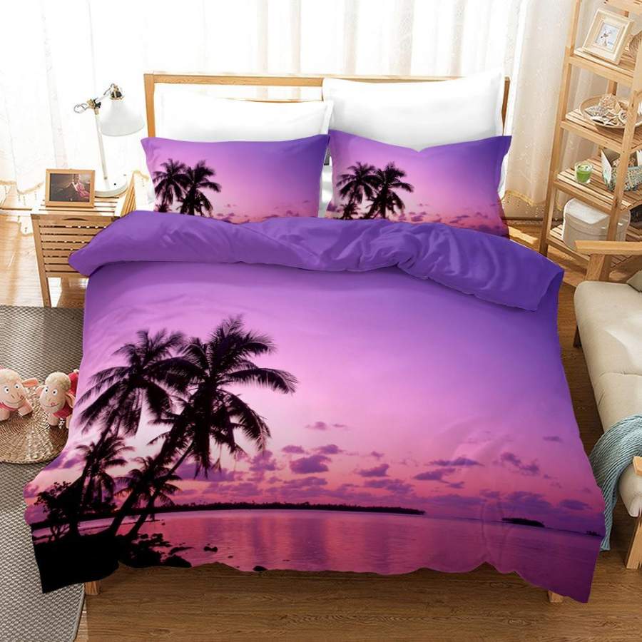 3D Coconut Tree Purple Sky Quilt Cover Set Bedding Set Pillowcases 260