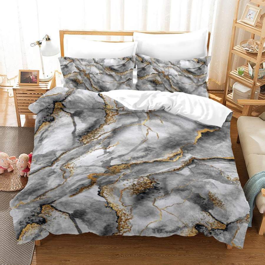 3D Grey Gold Foil Marble Quilt Cover Set Bedding Set Duvet Cover Pillowcases A418 LQH