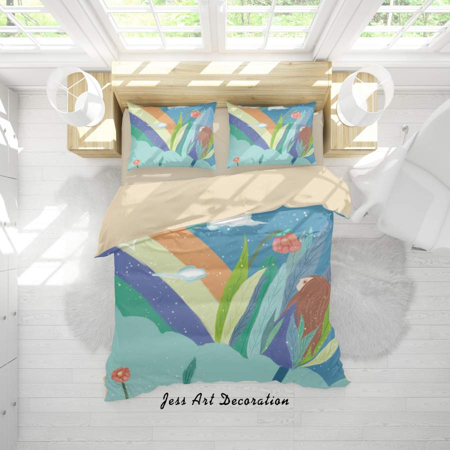 3D Leaf Girl Rainbow Painting Quilt Cover Set Bedding Set Duvet Cover Pillowcases A495 LQH