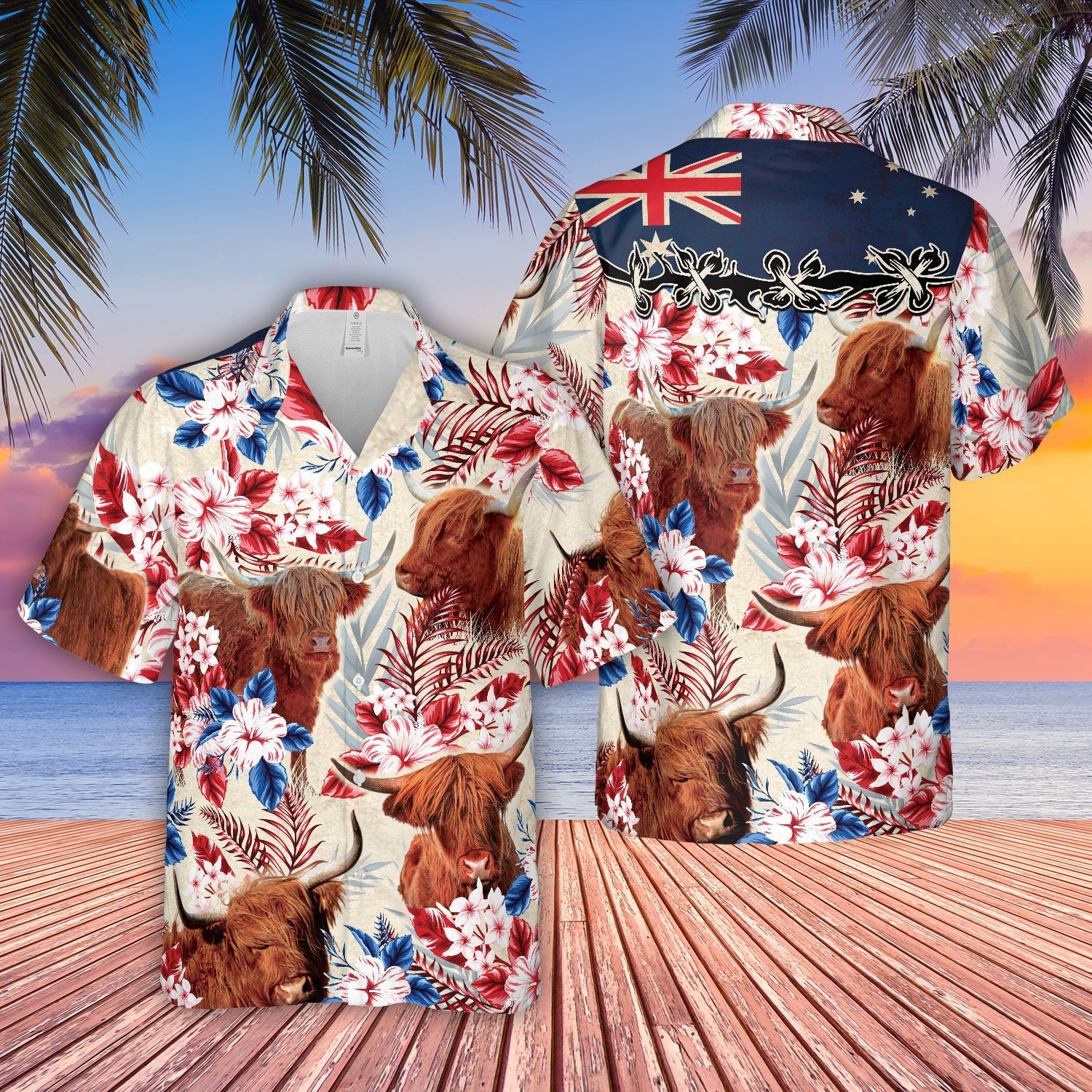 Unique Highland Cattle Australia Flag Hawaiian Flowers Hawaiian Shirt