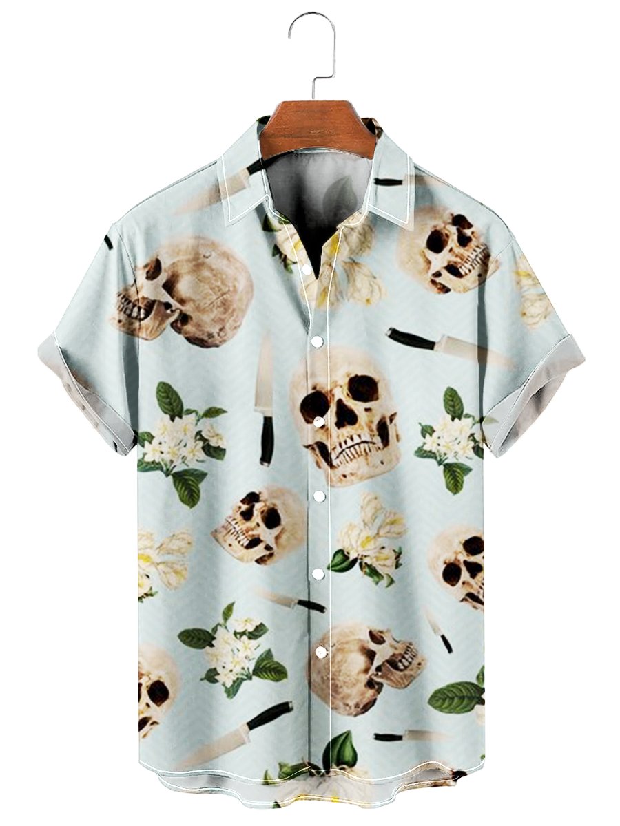 Tropical Skull Print Short Sleeve Summer Hawaiian Shirt